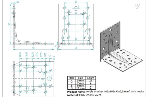 105x105x90x2,5 Erősített sarokvas, CE-ETA, tüzihorg.