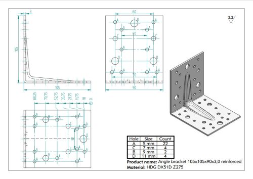 105x105x90x3,0 Erősített sarokvas, CE-ETA, tüzihorg.