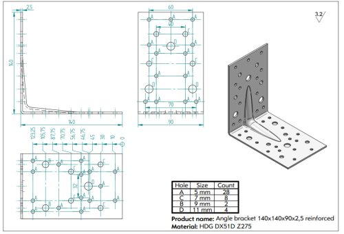 140x140x90x2,5 Erősített sarokvas, CE-ETA, tüzihorg.