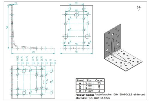 120x120x90x2,5 Erősített sarokvas, CE-ETA, tüzihorg.