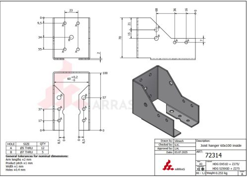 60x100 Gerendapapucs belső, CE-ETA tüzihorg.(Iv:2)